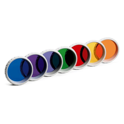 Seven coloured glass filters, 11 cm, in a row